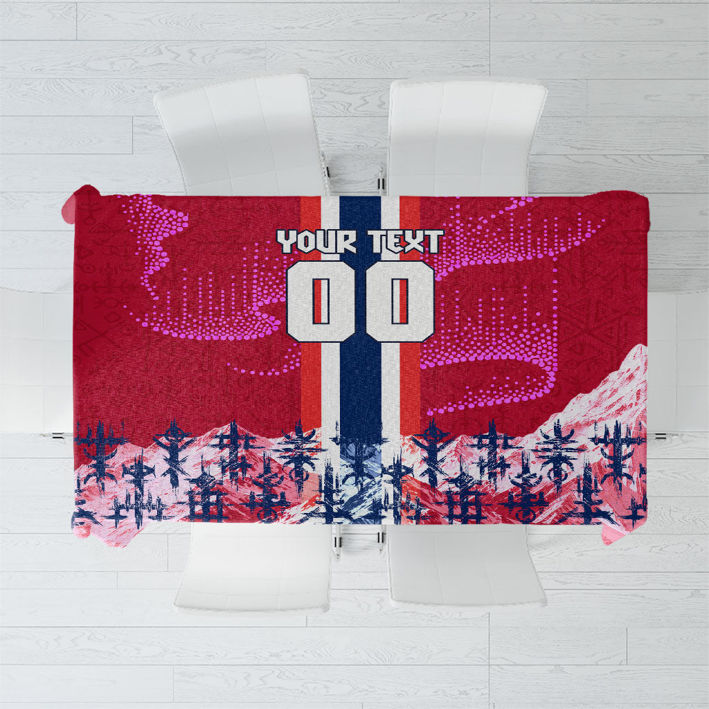 Personalized Norway Football Tablecloth Viking Lion Soccer Mascot - Nordic Longship And Mountain Landscape