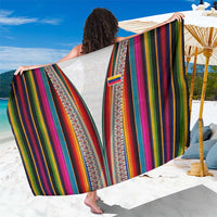 Multicolor woven sarong with vertical striped and geometric pattern trim