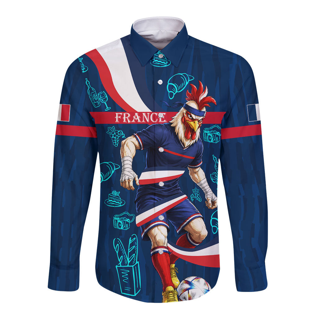 Personalized France Gallic Rooster Football Long Sleeve Button Shirt Rooster Mascot French Culture Doodle
