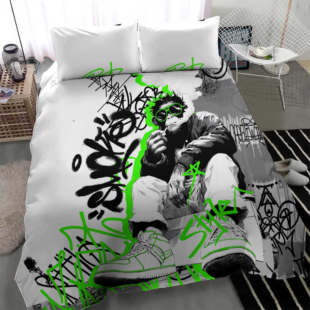 Street Style Graffiti Bedding Set with Smoking Monkey and Neon Green - Wonder Print Shop