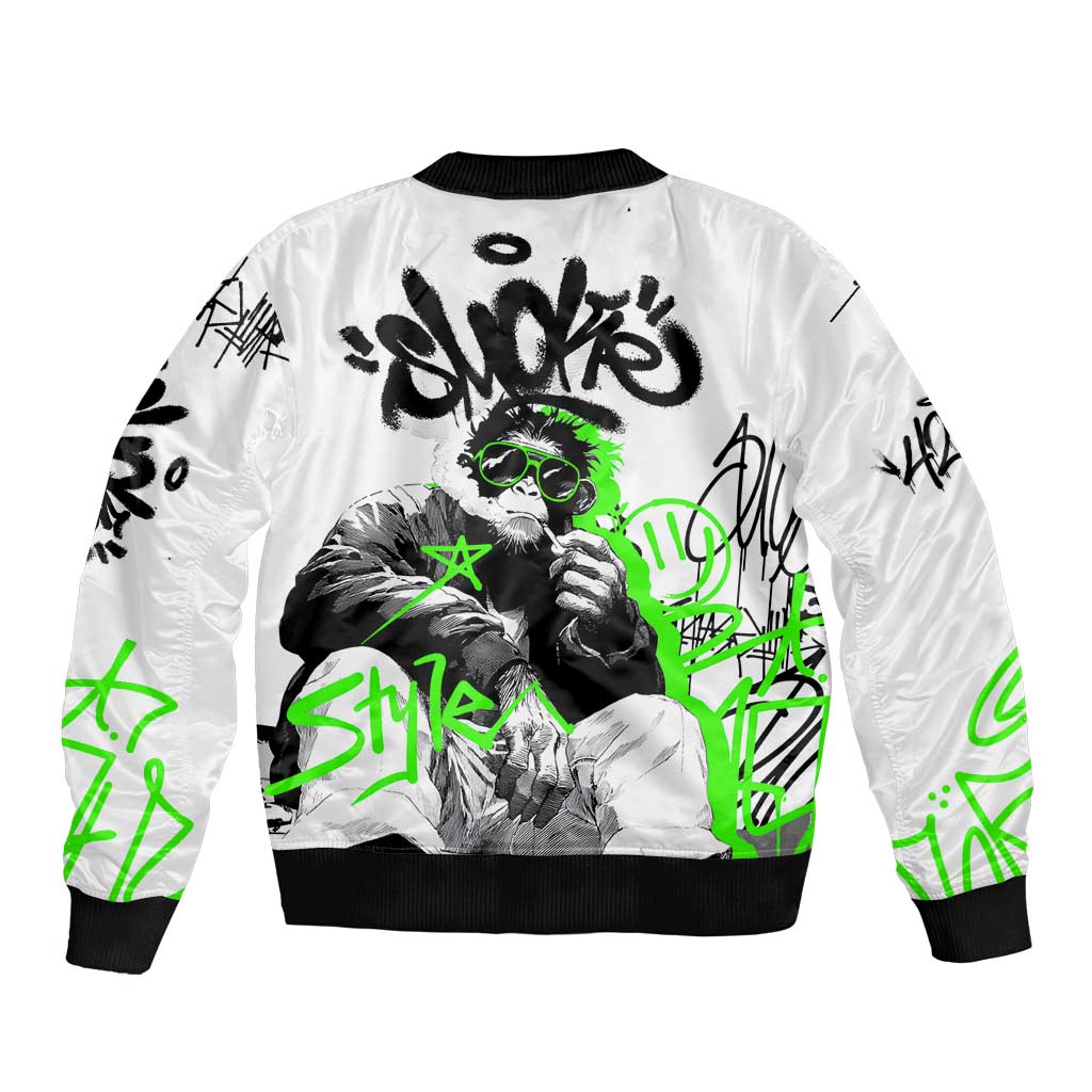 Street Style Graffiti Bomber Jacket with Smoking Monkey and Neon Green - Wonder Print Shop