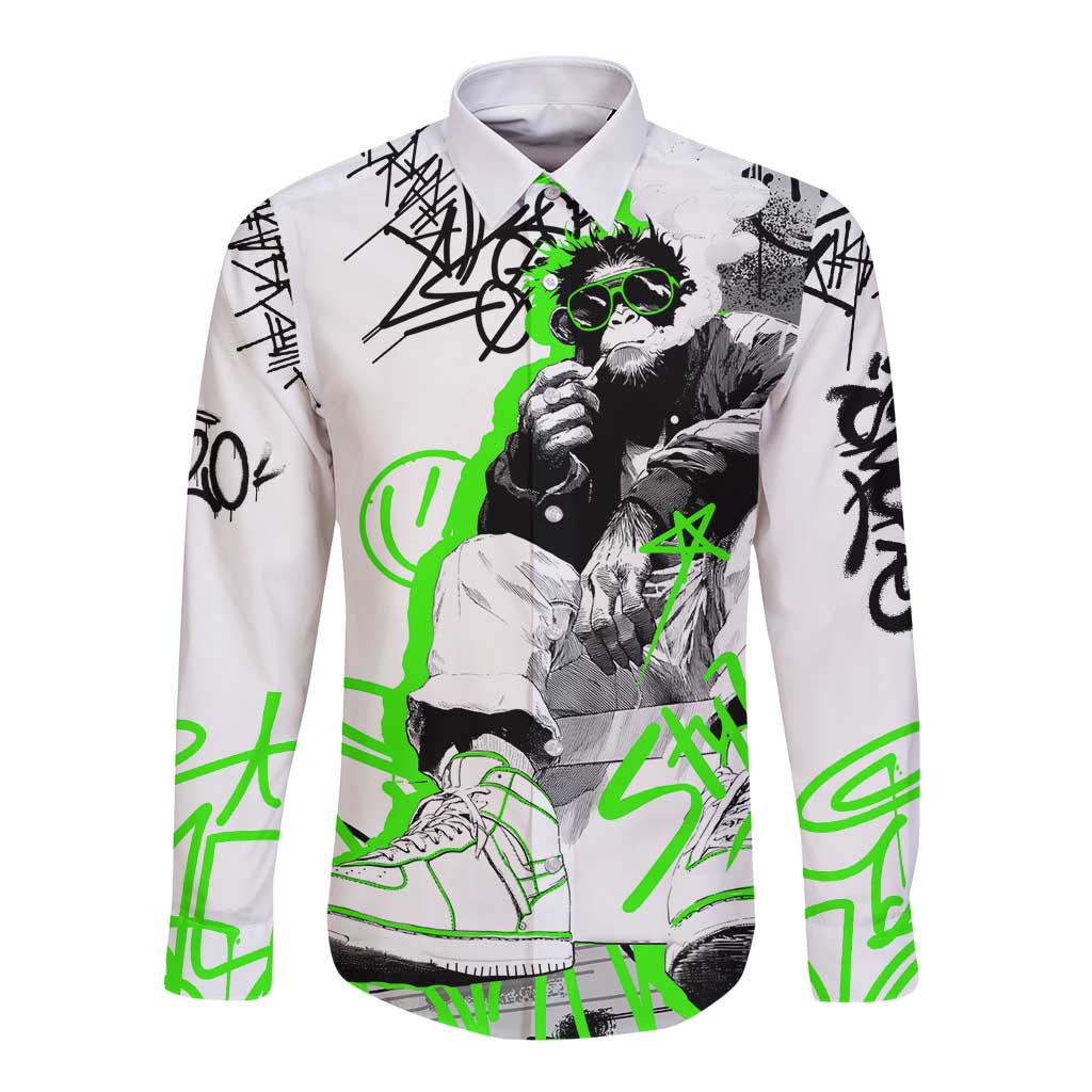 Street Style Graffiti Long Sleeve Button Shirt with Smoking Monkey and Neon Green - Wonder Print Shop