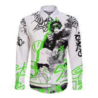 Street Style Graffiti Long Sleeve Button Shirt with Smoking Monkey and Neon Green - Wonder Print Shop