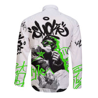 Street Style Graffiti Long Sleeve Button Shirt with Smoking Monkey and Neon Green - Wonder Print Shop