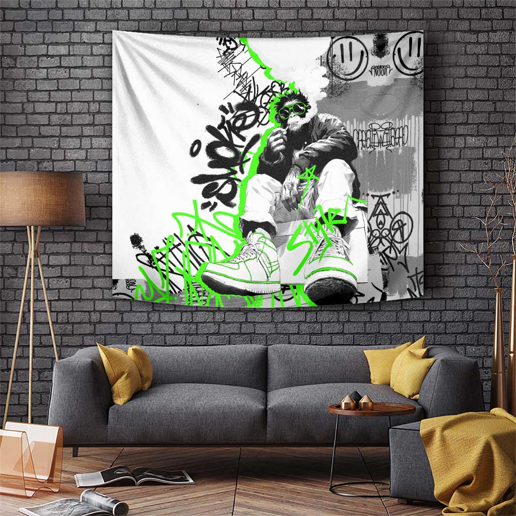 Street Style Graffiti Tapestry with Smoking Monkey and Neon Green - Wonder Print Shop