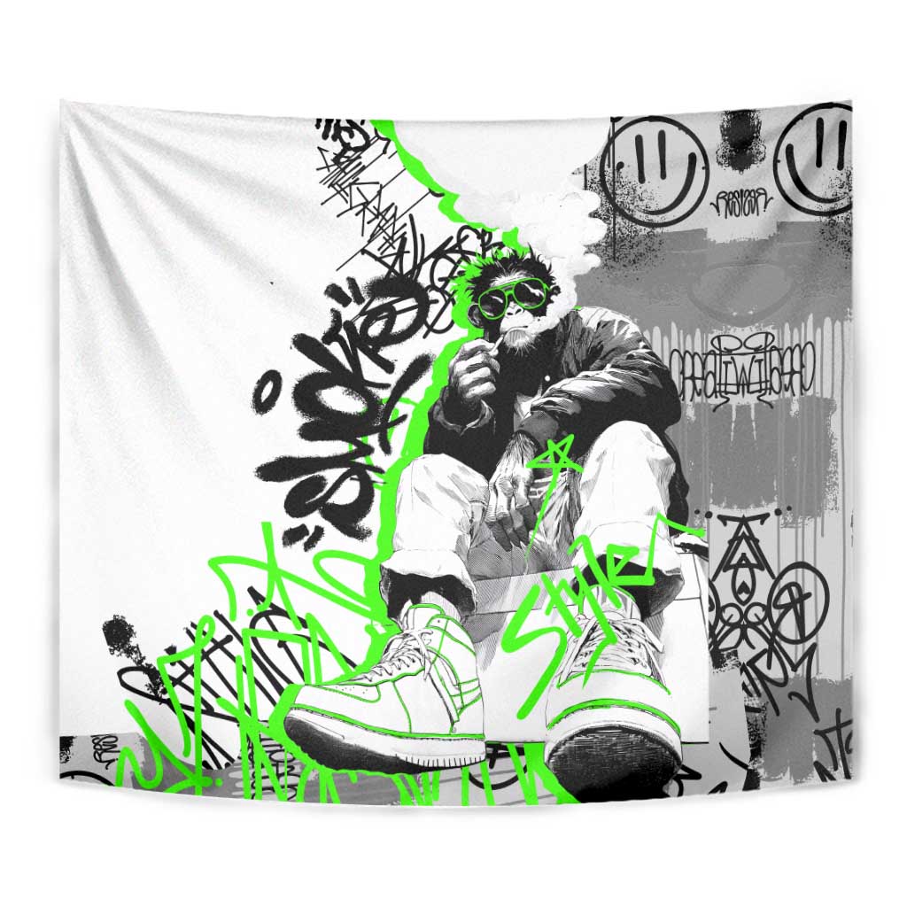 Street Style Graffiti Tapestry with Smoking Monkey and Neon Green - Wonder Print Shop