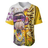 Multicolor baseball jersey with monkey face wearing purple sunglasses and gold chain graphic