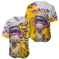 Two multicolor baseball jerseys featuring monkey with purple sunglasses and gold chain graphics
