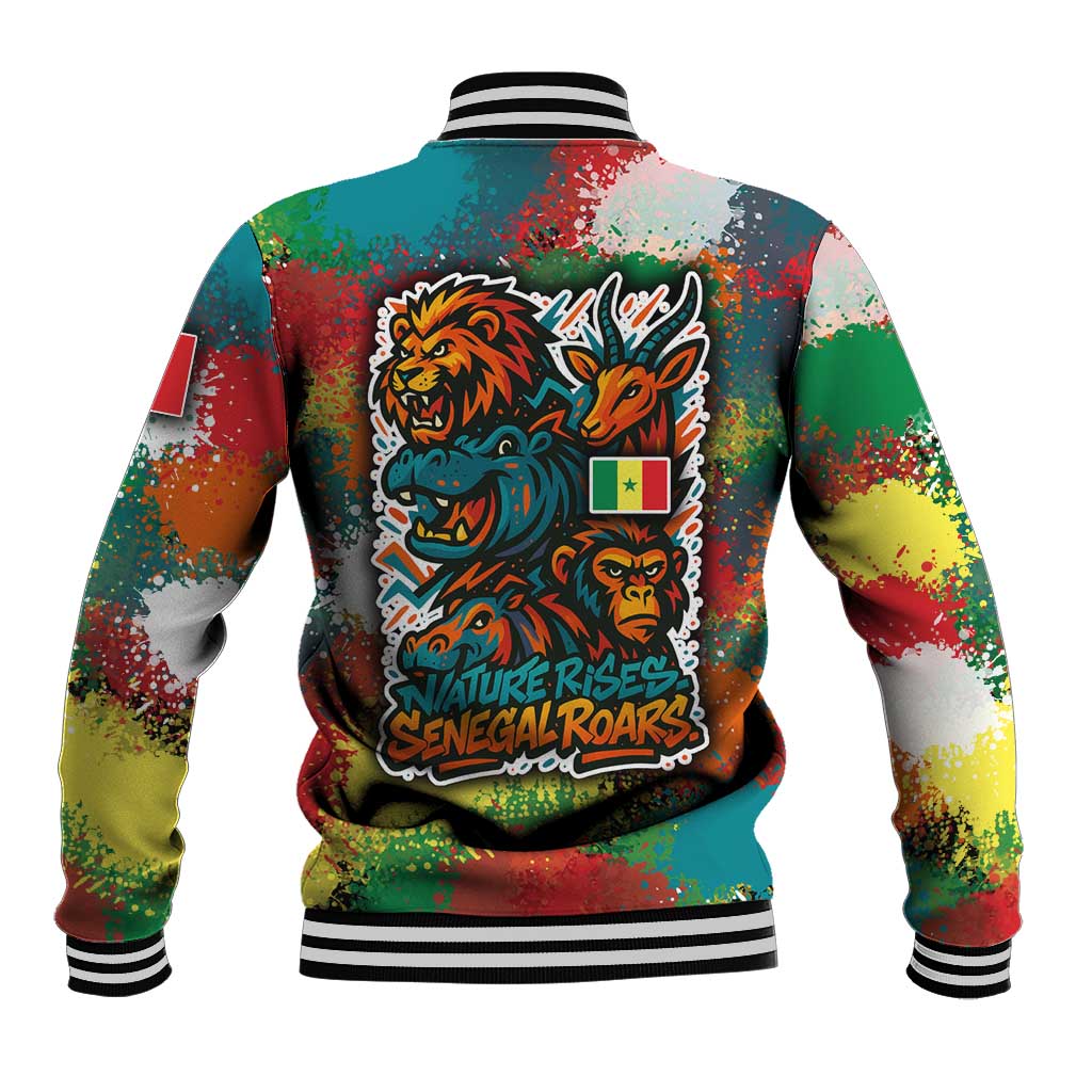Multicolor back of baseball jacket with wildlife graffiti and striped ribbed hem and cuffs