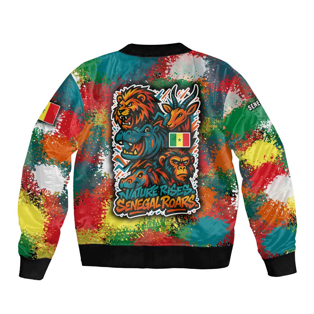 Multicolor bomber jacket, back print with wildlife graffiti and roars text, ribbed hem