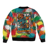Multicolor bomber jacket, back print with wildlife graffiti and roars text, ribbed hem