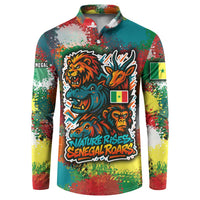 Multicolor button sweatshirt with teal base, wildlife graffiti graphic and Senegal flags