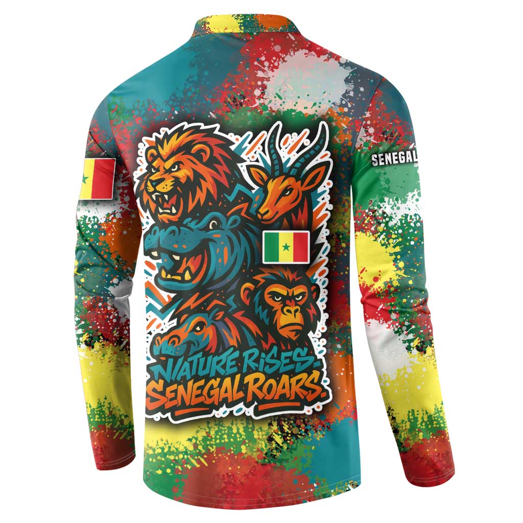 Teal button sweatshirt back with wildlife graphic and 'SENEGAL' text