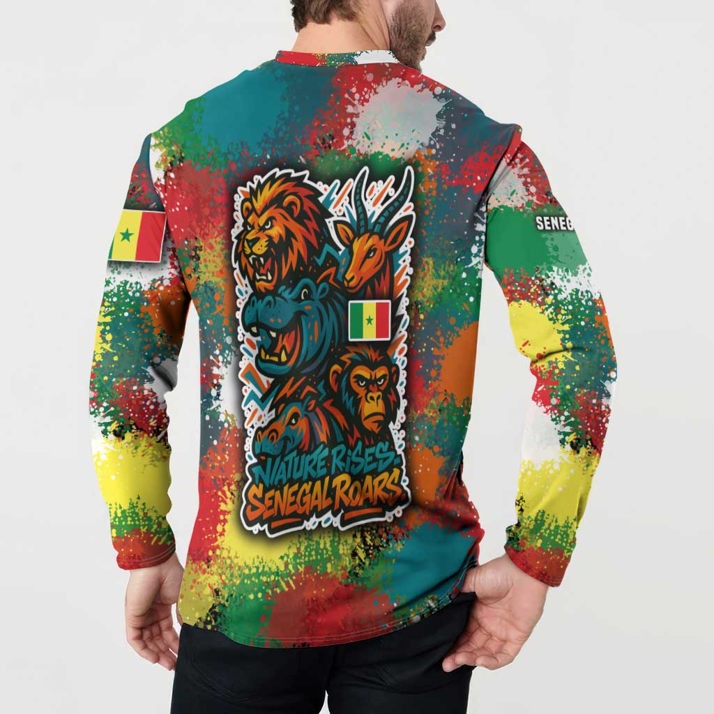 Teal multicolor button sweatshirt worn by model, back wildlife graphic and Senegal flags