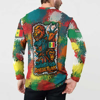 Teal multicolor button sweatshirt worn by model, back wildlife graphic and Senegal flags
