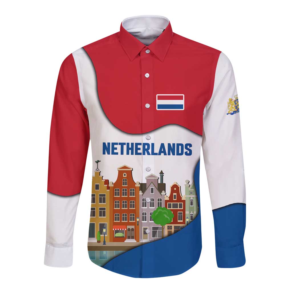 Netherlands Amsterdam Long Sleeve Button Shirt with Colorful Canal Houses and National Flag Design - Wonder Print Shop