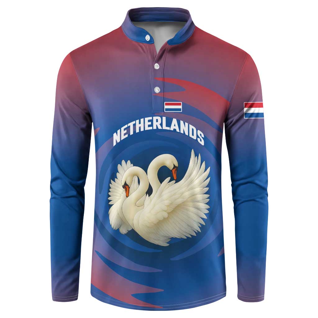 Netherlands Button Sweatshirt with Swan Couple Graphic and Dutch Flag in Gradient Red and Blue Design - Wonder Print Shop