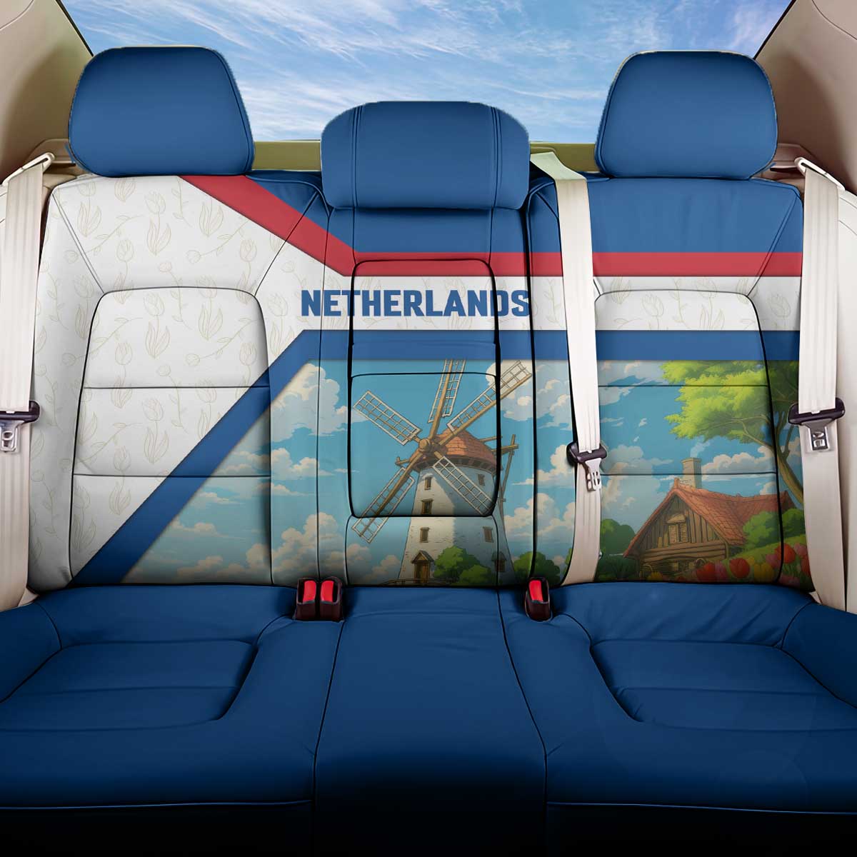 Netherlands Back Car Seat Cover Dutch Windmill and Tulip Field Landscape in National Flag Colors - Wonder Print Shop