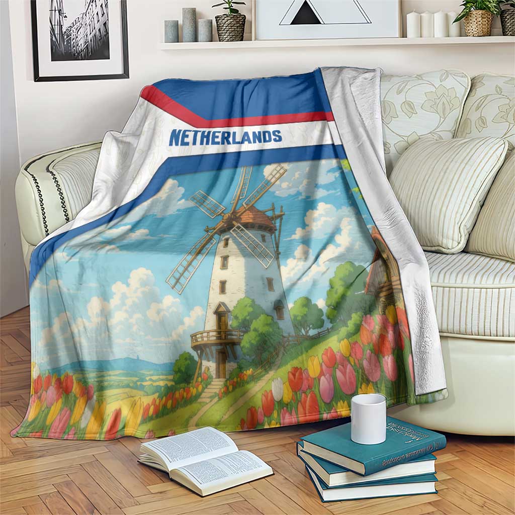 Netherlands Blanket Dutch Windmill and Tulip Field Landscape in National Flag Colors - Wonder Print Shop