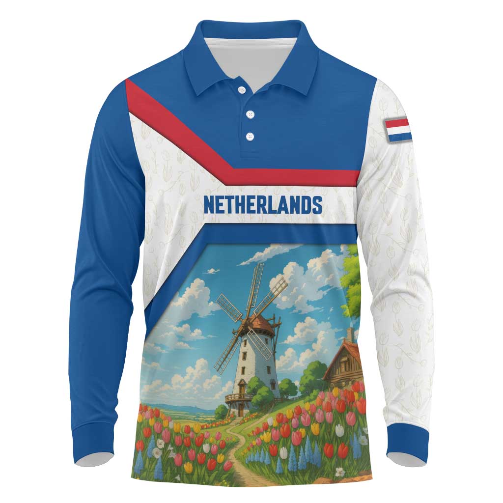 Multicolor long-sleeve polo shirt with polo collar, Dutch windmill tulip field graphic