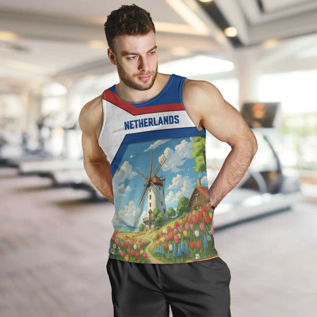 Netherlands Men Tank Top Dutch Windmill and Tulip Field Landscape in National Flag Colors - Wonder Print Shop