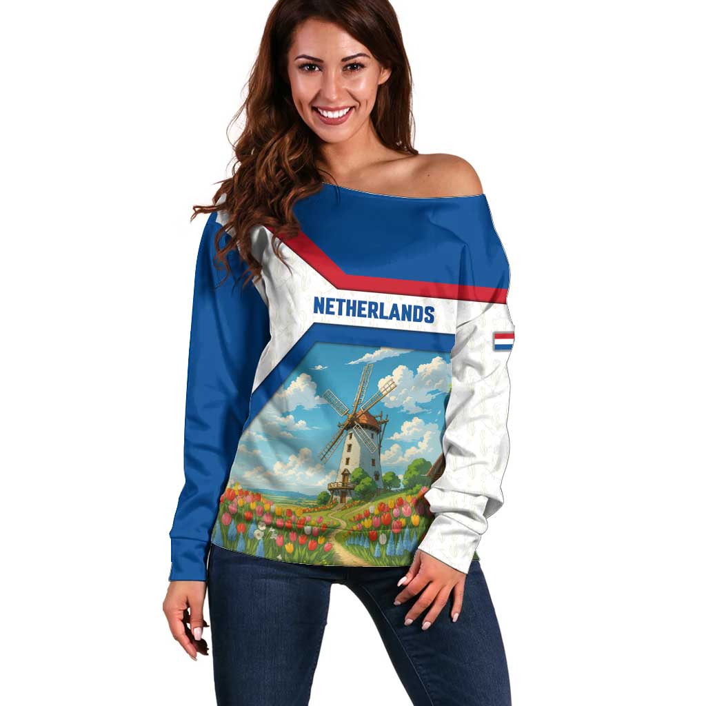 Netherlands Off Shoulder Sweater Dutch Windmill and Tulip Field Landscape in National Flag Colors - Wonder Print Shop