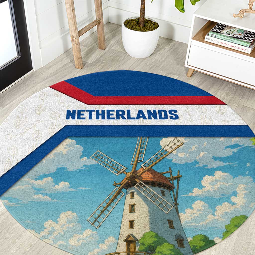 Netherlands Round Carpet Dutch Windmill and Tulip Field Landscape in National Flag Colors - Wonder Print Shop