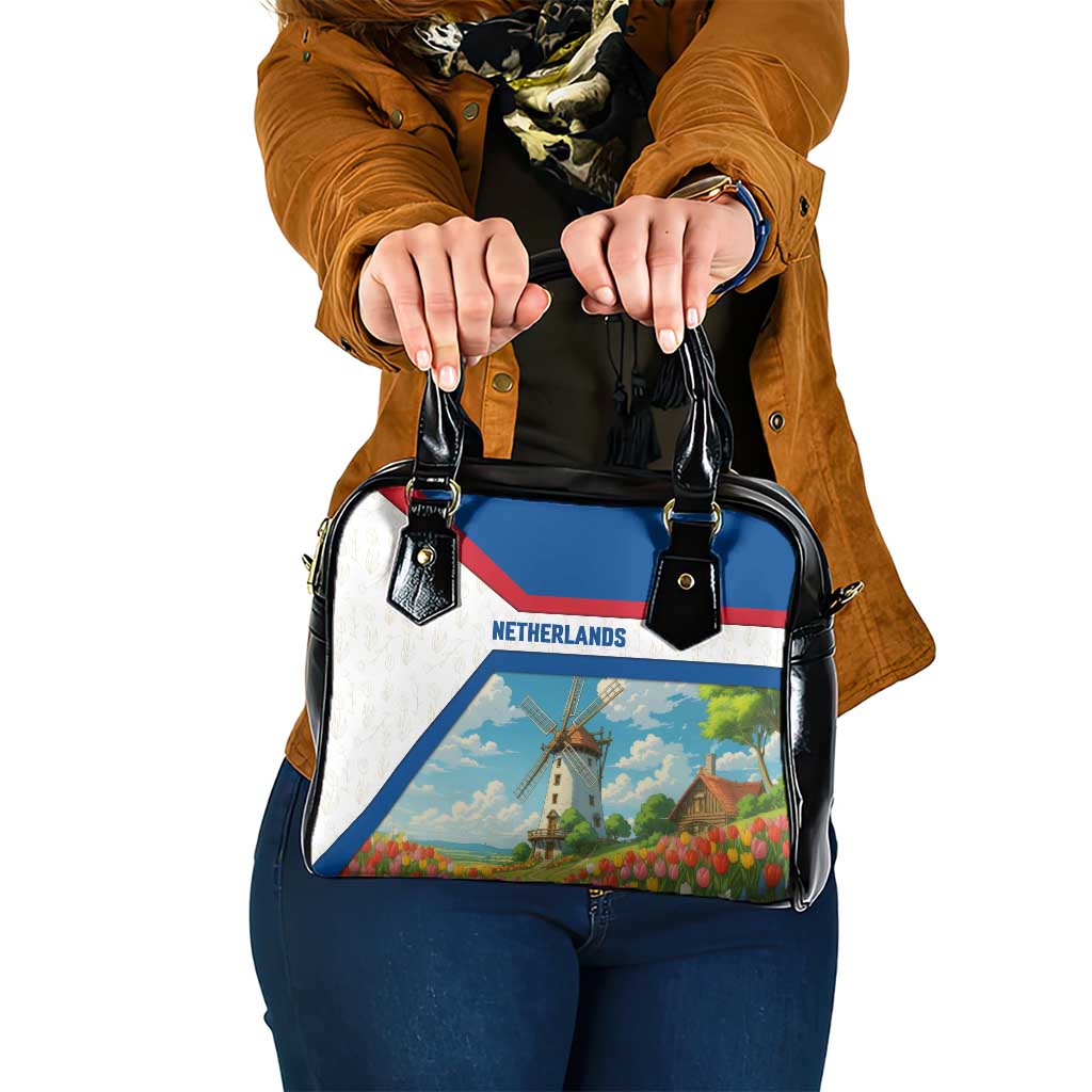 Netherlands Shoulder Handbag Dutch Windmill and Tulip Field Landscape in National Flag Colors - Wonder Print Shop