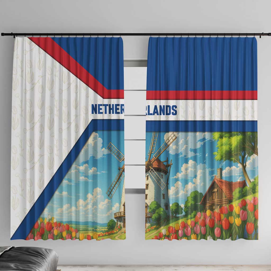 Netherlands Window Curtain Dutch Windmill and Tulip Field Landscape in National Flag Colors - Wonder Print Shop
