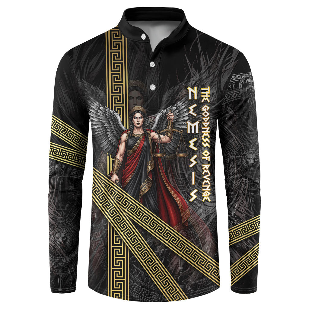 Nemesis Goddess Of Revenge Button Sweatshirt Winged Nemesis Scales Of Justice - Gold Greek Key