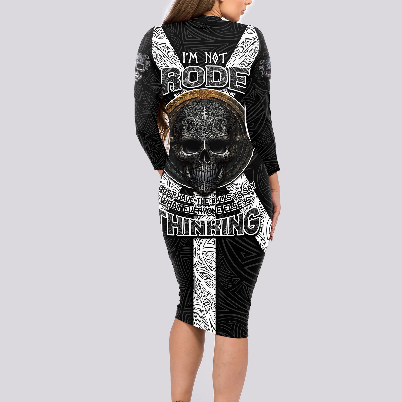 Hell Pattern Skull Long Sleeve Bodycon Dress I'm Not Rode I Just Hace The Balls To Say What Everyone Else is Thinking - Wonder Print Shop