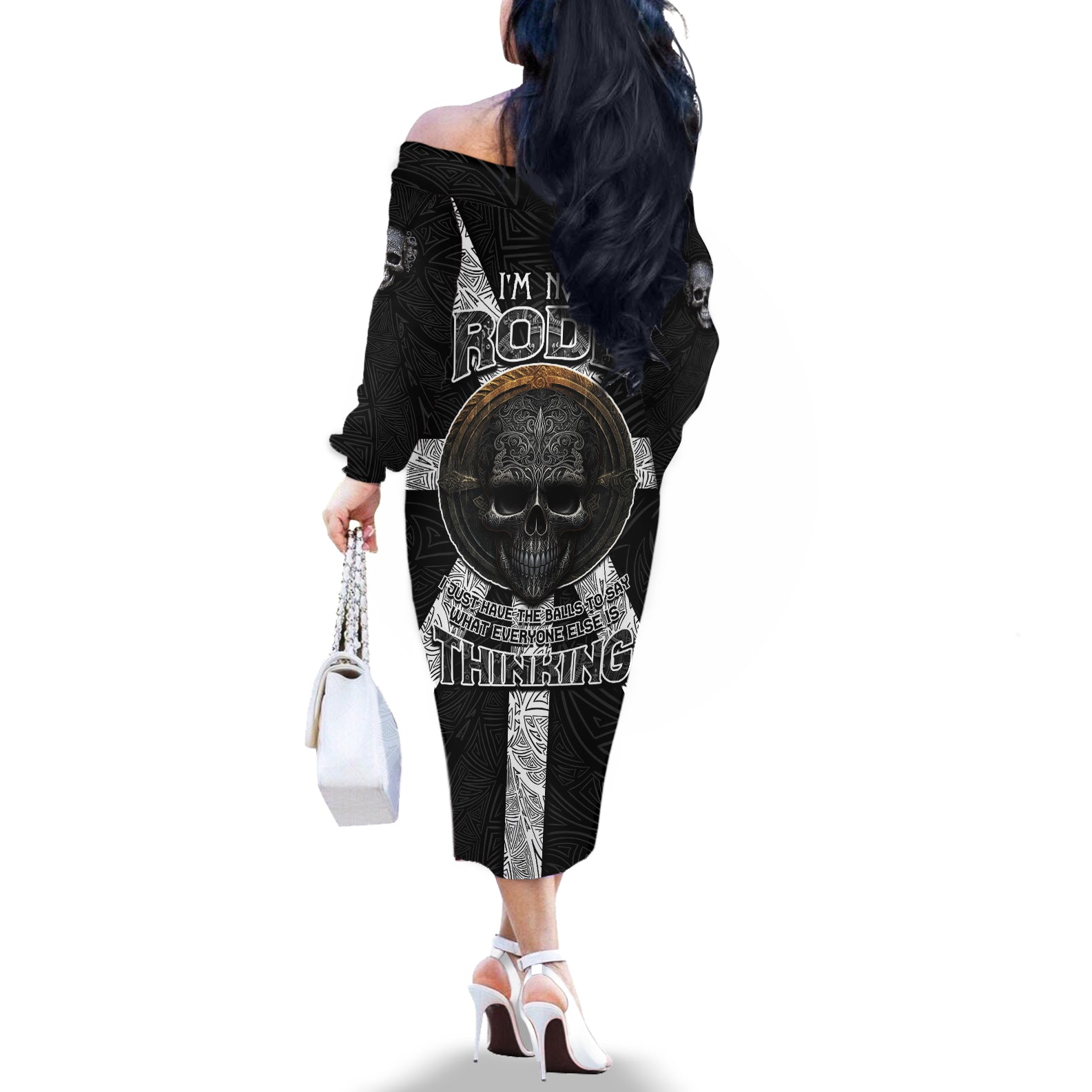 Hell Pattern Skull Off The Shoulder Long Sleeve Dress I'm Not Rode I Just Hace The Balls To Say What Everyone Else is Thinking - Wonder Print Shop