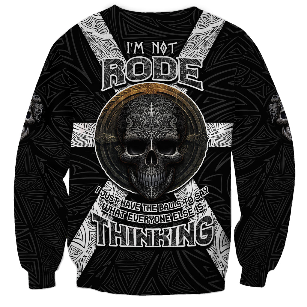 Black unisex crewneck sweatshirt with skull graphic and bold white text