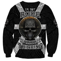 Black unisex crewneck sweatshirt with skull graphic and bold white text