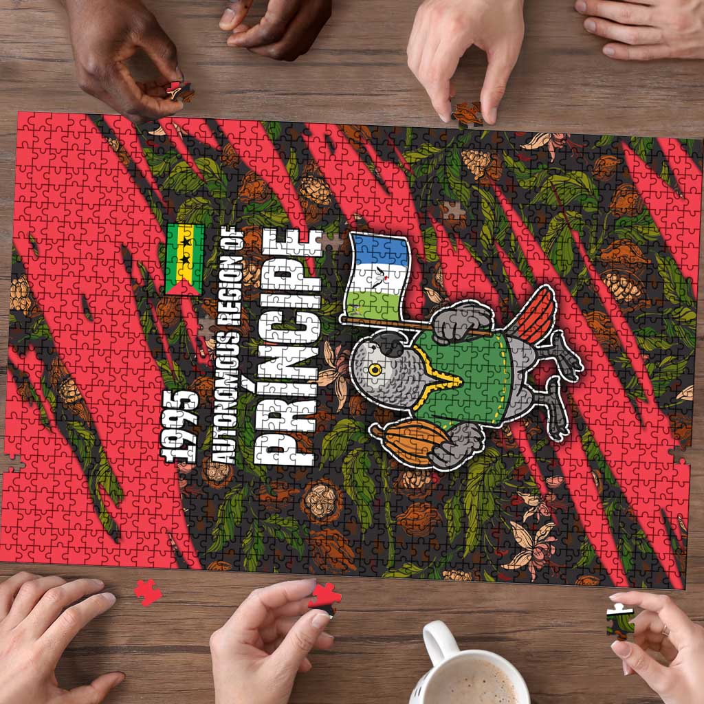 Jigsaw puzzle in progress showing parrot and large vertical title text on red background