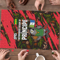 Jigsaw puzzle in progress showing parrot and large vertical title text on red background