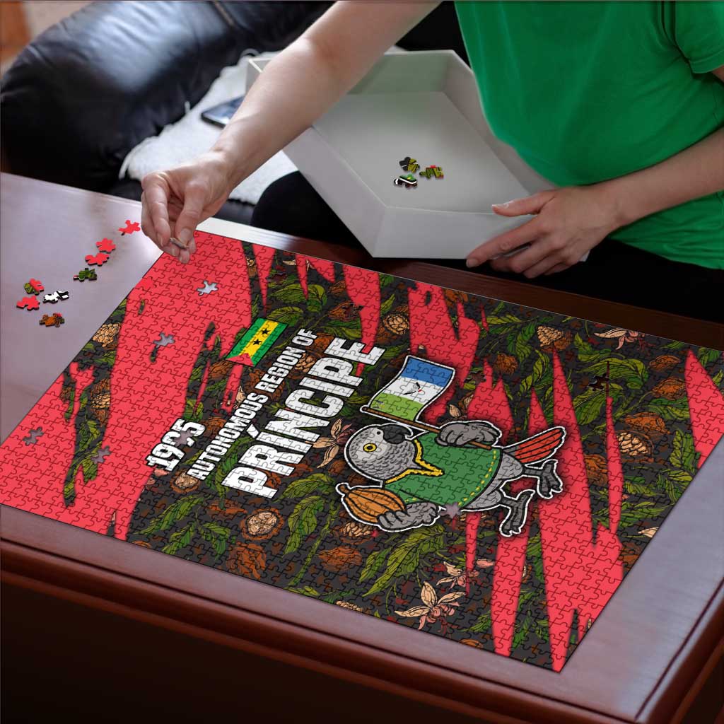 Jigsaw puzzle being assembled on tabletop with parrot flag artwork and scattered pieces