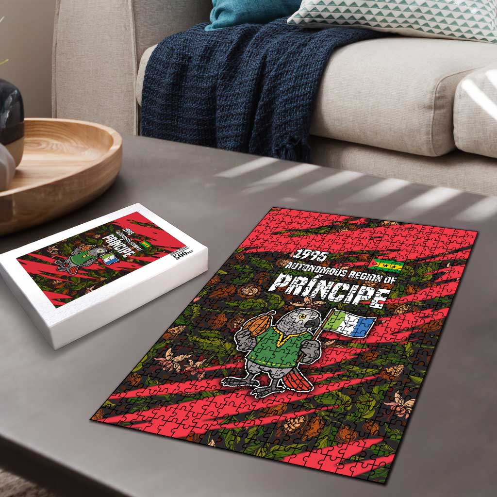 Jigsaw puzzle on sofa table with parrot and red-black 1995 flag artwork
