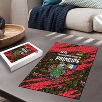 Jigsaw puzzle on sofa table with parrot and red-black 1995 flag artwork