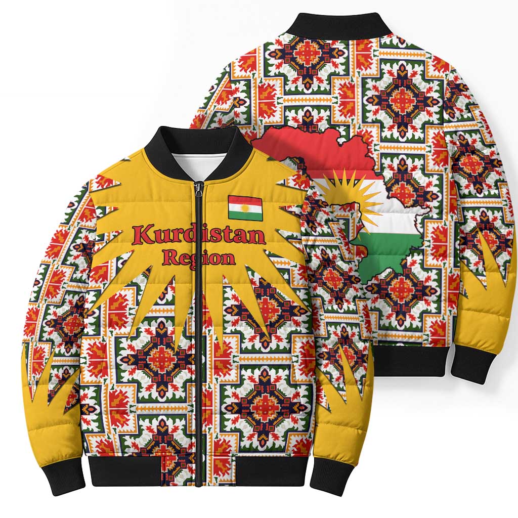 Iraq Kurdistan Region Bomber Puffer Jacket Traditional Pattern Yellow Red Green - Wonder Print Shop