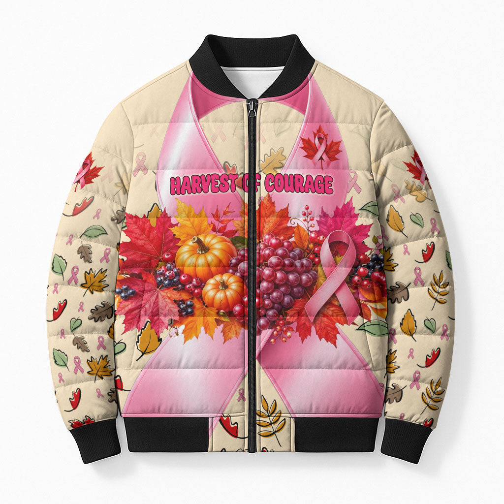 Harvest Of Courage Hope Breast Cancer Awareness Bomber Puffer Jacket Pink Ribbon Fall Autumn Pumpkins