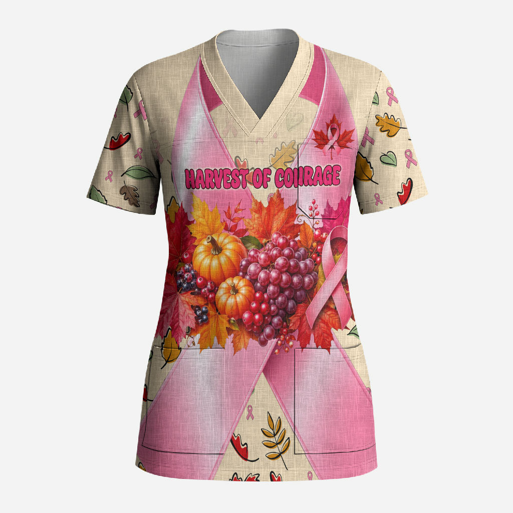 Harvest Of Courage Hope Breast Cancer Awareness Scrub Top Pink Ribbon Fall Autumn Pumpkins