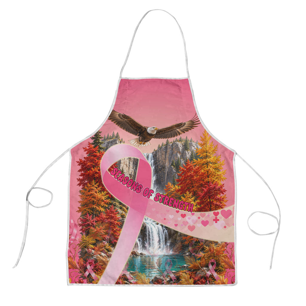 Seasons Of Strength Breast Cancer Awareness Pink Ribbon Apron Autumn Oak Leaves Acorns Bald Eagle Flying