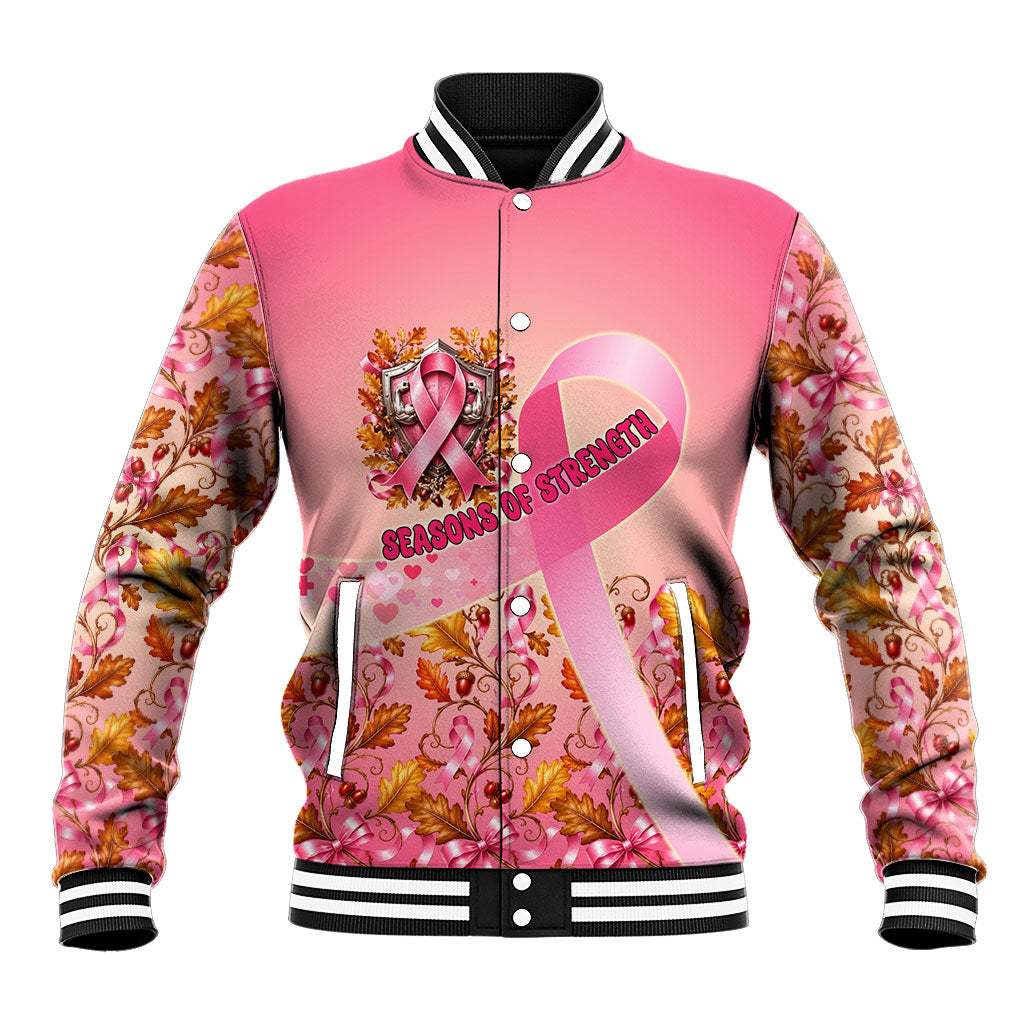 Seasons Of Strength Breast Cancer Awareness Pink Ribbon Baseball Jacket Autumn Oak Leaves Acorns Bald Eagle Flying