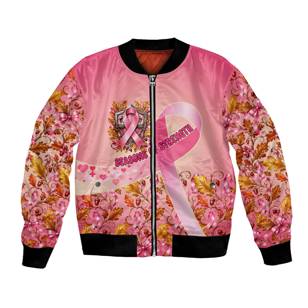 Seasons Of Strength Breast Cancer Awareness Pink Ribbon Bomber Jacket Autumn Oak Leaves Acorns Bald Eagle Flying