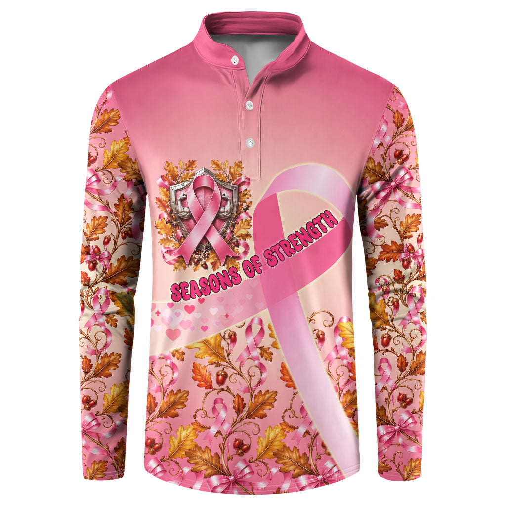 Seasons Of Strength Breast Cancer Awareness Pink Ribbon Button Sweatshirt Autumn Oak Leaves Acorns Bald Eagle Flying