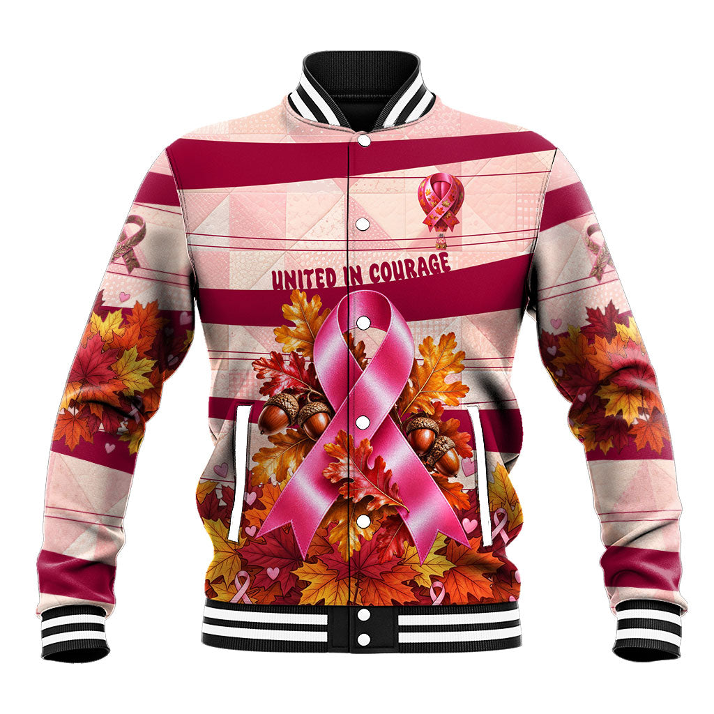 United In Courage Breast Cancer Awareness Pink Ribbon Baseball Jacket Autumn Oak Leaves Acorns Campfire Gathering