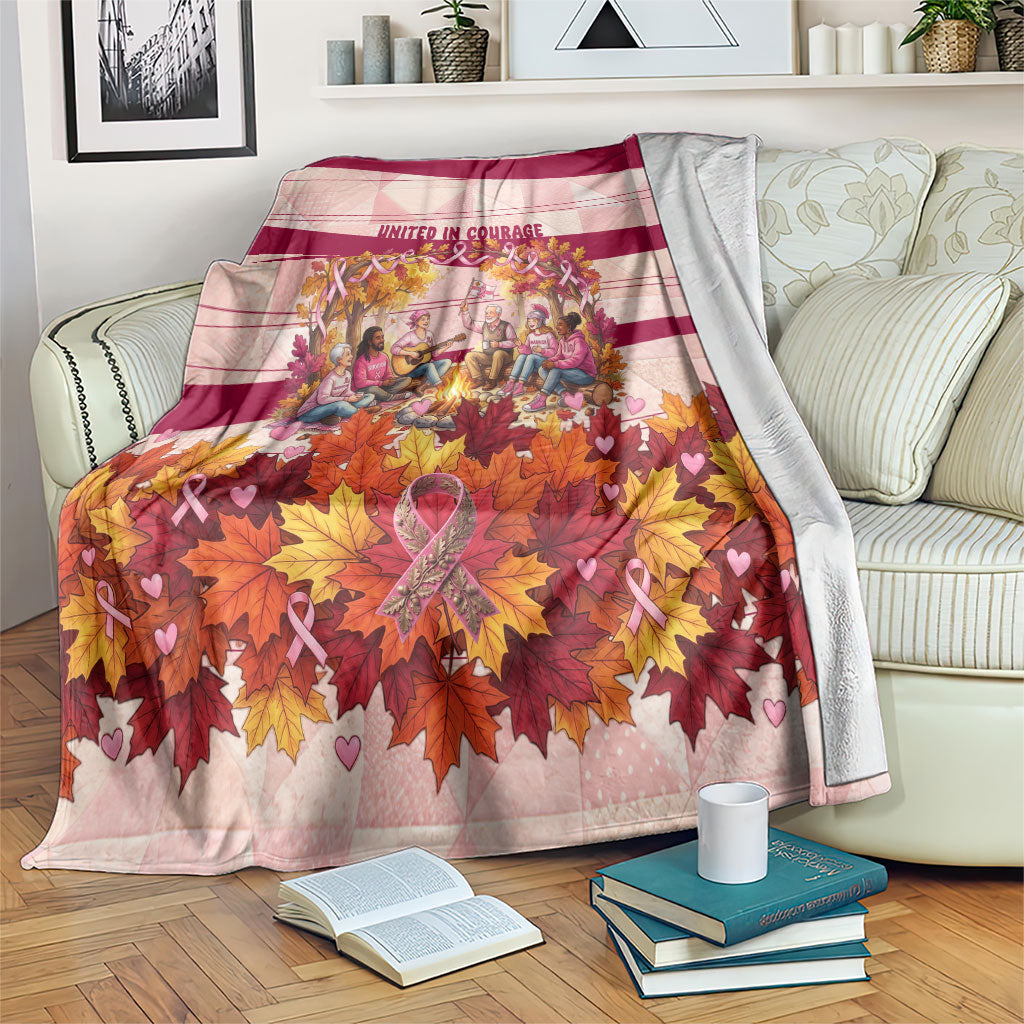 United In Courage Breast Cancer Awareness Pink Ribbon Blanket Autumn Oak Leaves Acorns Campfire Gathering