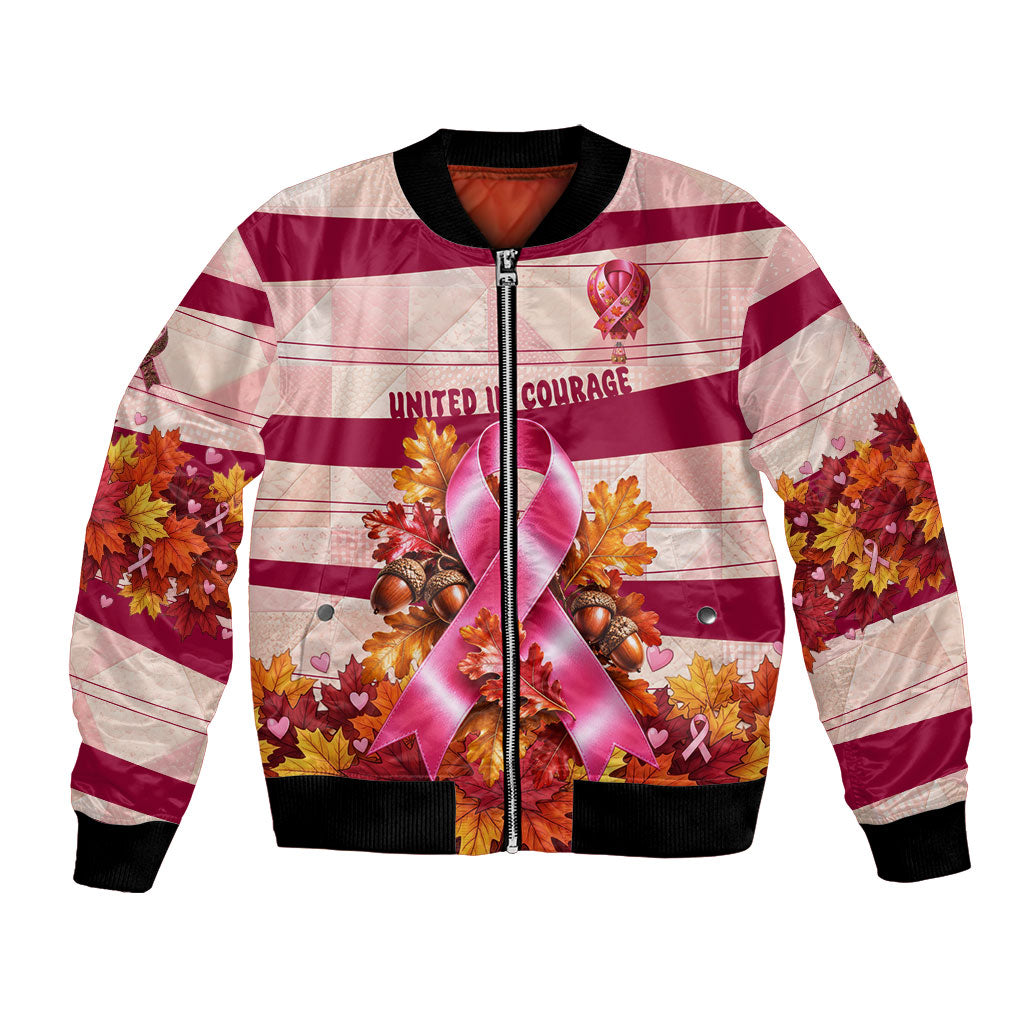 United In Courage Breast Cancer Awareness Pink Ribbon Bomber Jacket Autumn Oak Leaves Acorns Campfire Gathering