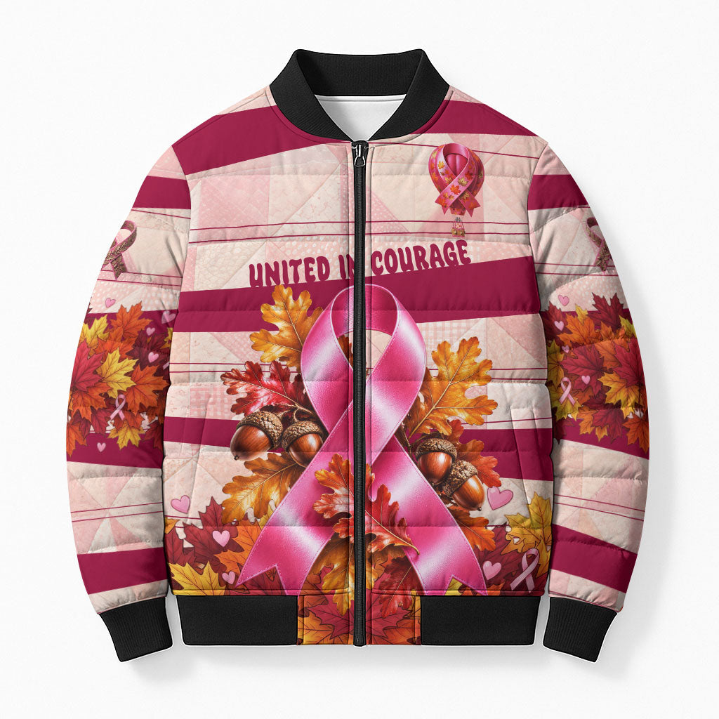 United In Courage Breast Cancer Awareness Pink Ribbon Bomber Puffer Jacket Autumn Oak Leaves Acorns Campfire Gathering